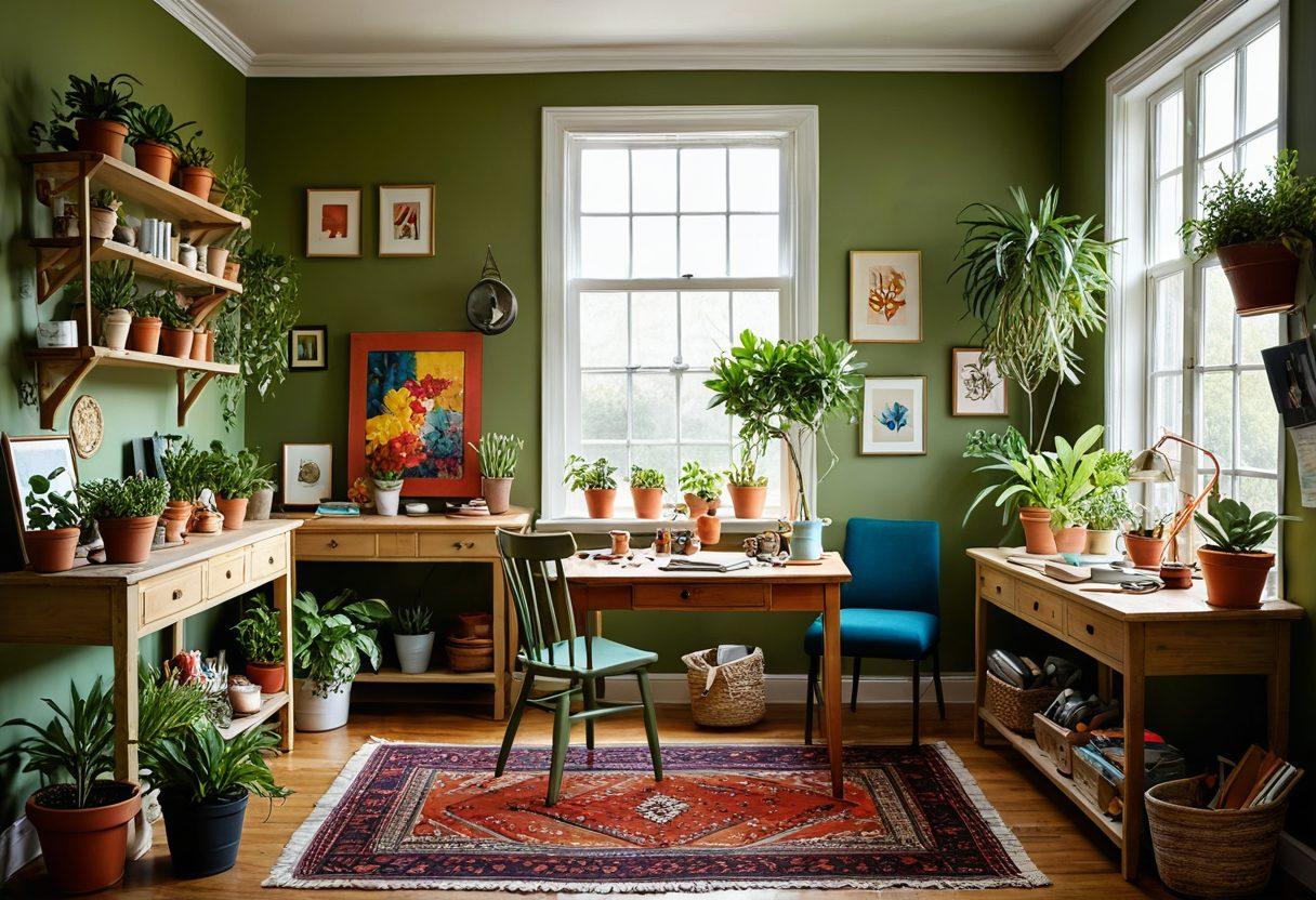 A cozy, inviting room filled with colorful crafts and inspiring decor, showcasing vibrant walls adorned with artistic creations. Include a bright window with sunlight streaming in, illuminating a workspace cluttered with paints, fabrics, and handmade items. A touch of greenery through potted plants enhances the liveliness of the space. The atmosphere should convey warmth and creativity. super-realistic. vibrant colors. natural light.