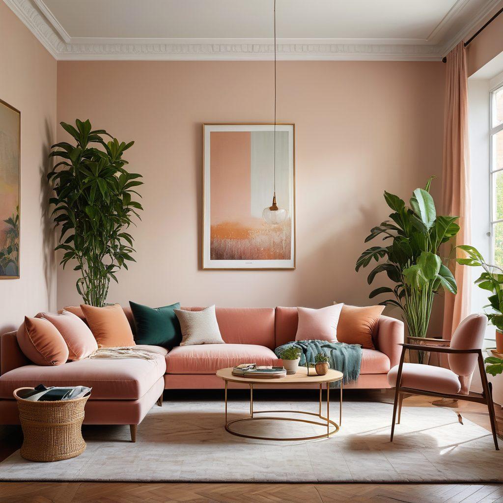 A serene and sophisticated interior space featuring a harmonious blend of modern and vintage furniture, elegantly adorned with soft lighting and lush greenery. It's decorated with stylish art pieces and textiles, exuding an air of luxury and comfort. Include soft color palettes and inviting textures to capture the essence of elegance. super-realistic. vibrant colors. soft focus.