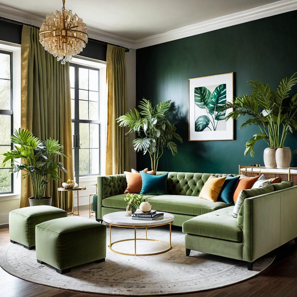 A beautifully arranged interior space featuring soft, elegant decor with rich textures and soothing colors. Include elements like lush plants, stylish furniture, and artistic lighting that create a warm, inviting atmosphere. Incorporate hints of elegance through luxurious textiles and eye-catching art pieces. The overall scene should exude comfort and sophistication. super-realistic. vibrant colors. natural lighting.